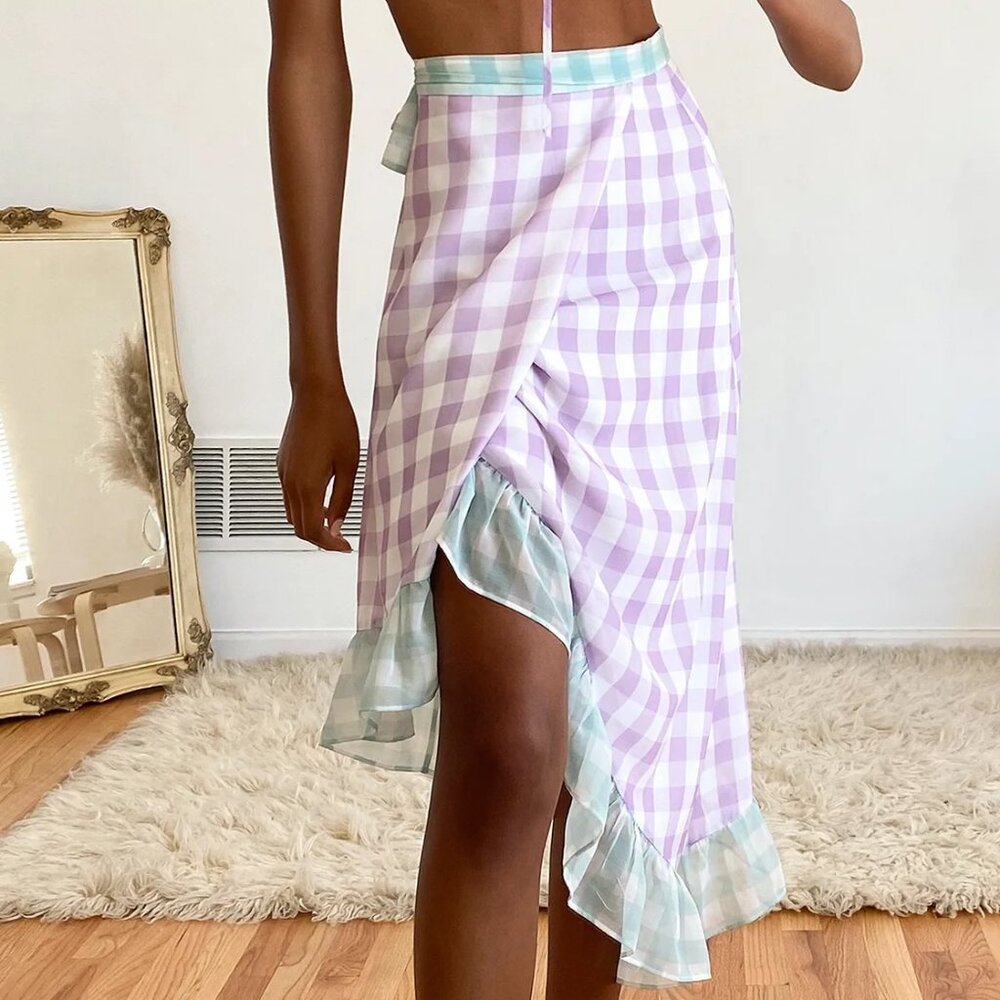 Lulu's Lavender & Mint Gingham Midi Skirt